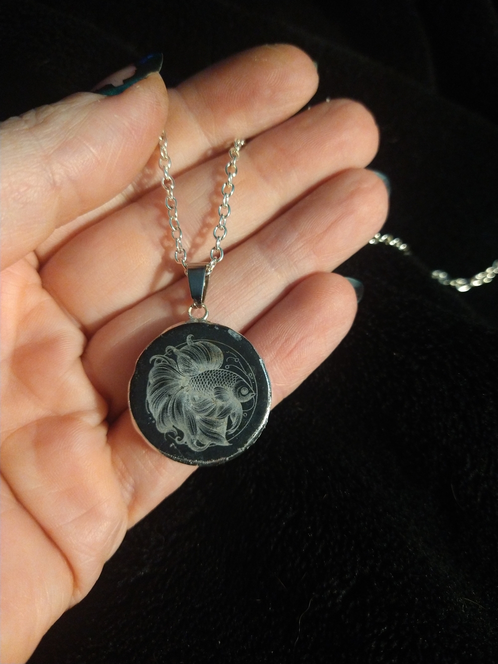 GoldFish Engraved Black Marble Pendant Necklace